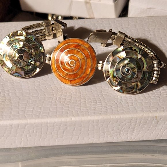 Vintage 950 Silver Bracelet Inlay AbaloneSpiney Oyster8 1/4" Long. 40g